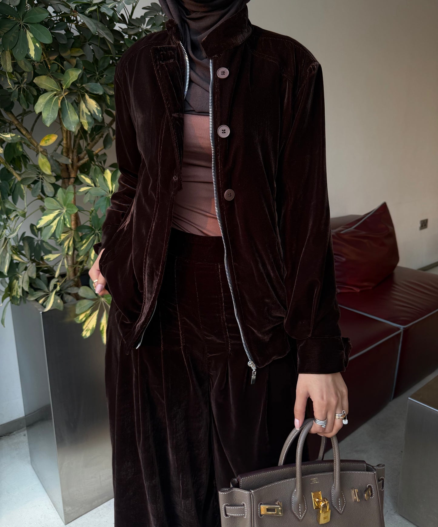 Velvet bomber and pleated wide pants set