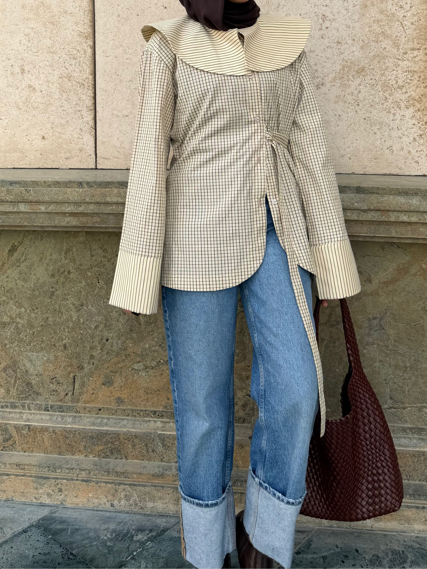 Checkered oversized collar blouse