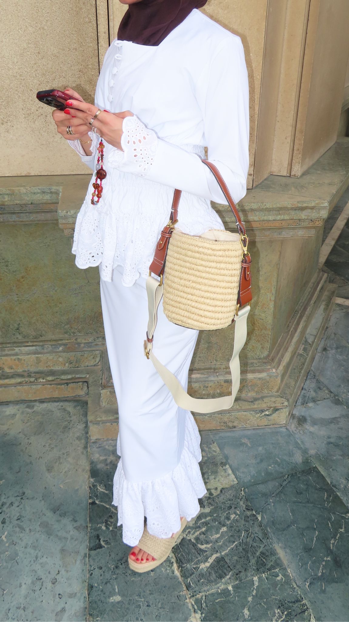 Peplum eyelet white skirt set