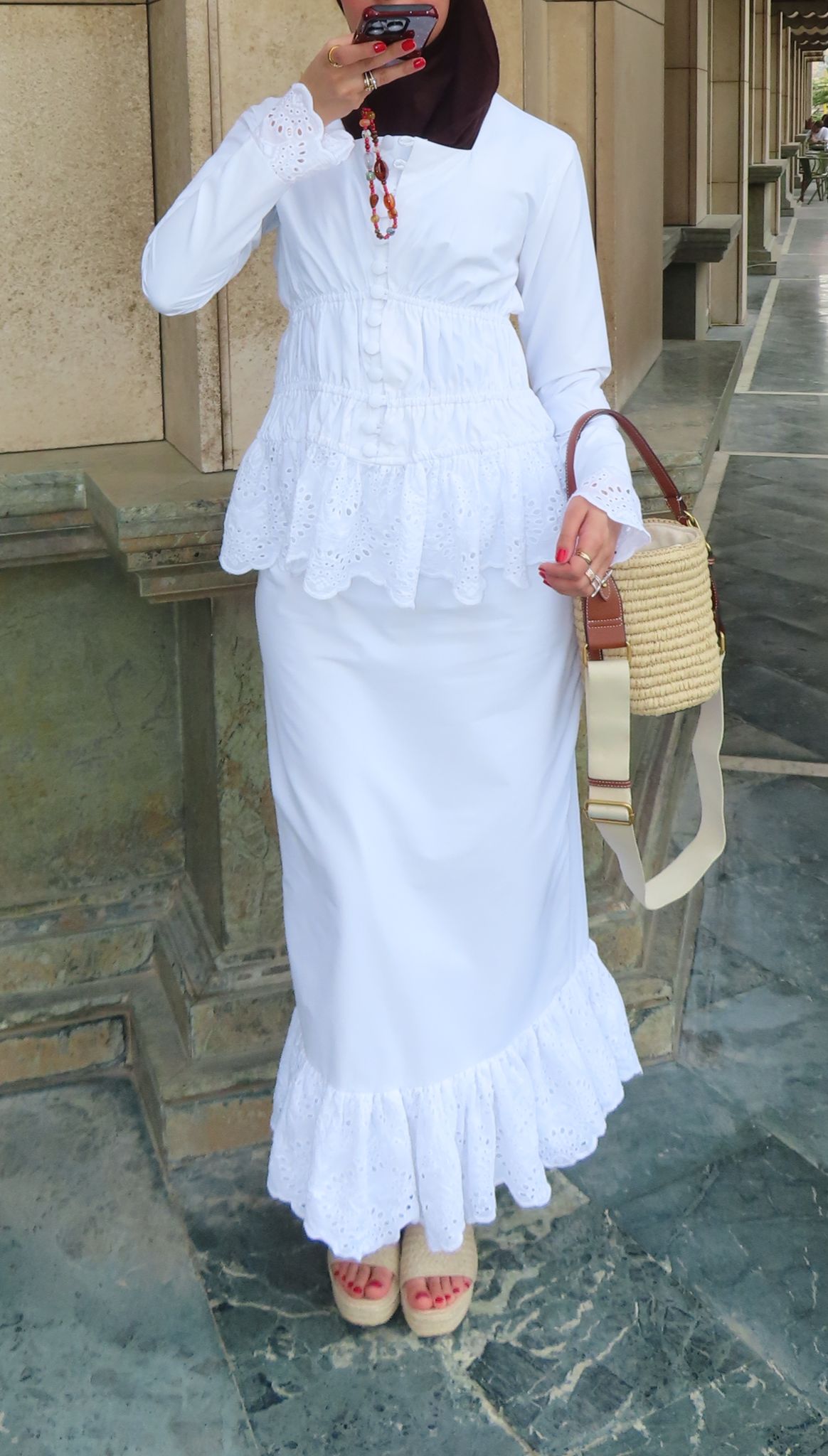 Peplum eyelet white skirt set