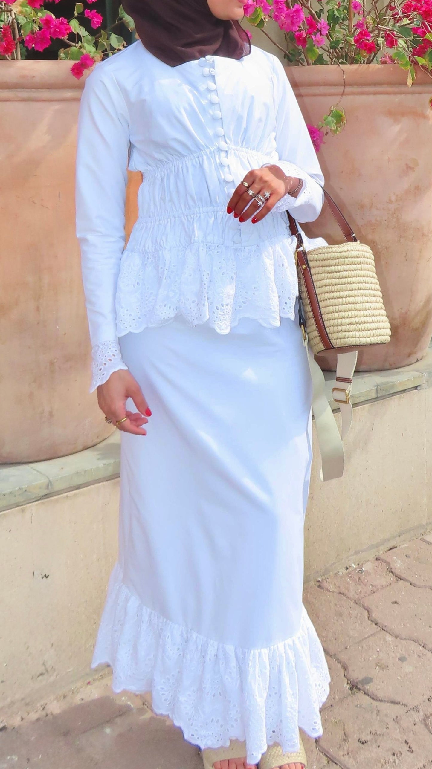 Peplum eyelet white skirt set