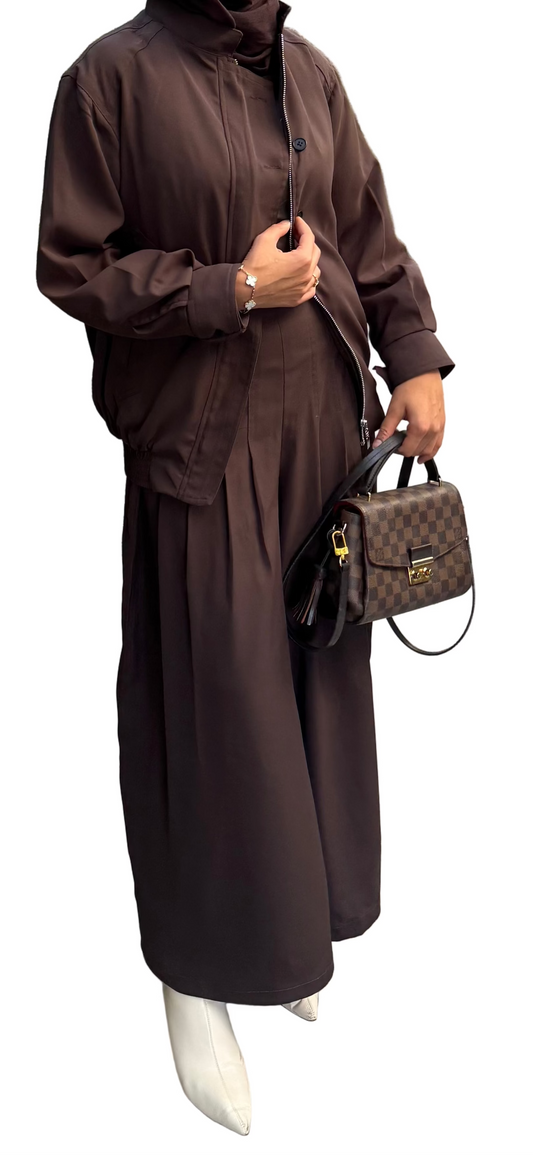 pleated wide leg and bomber jacket set
