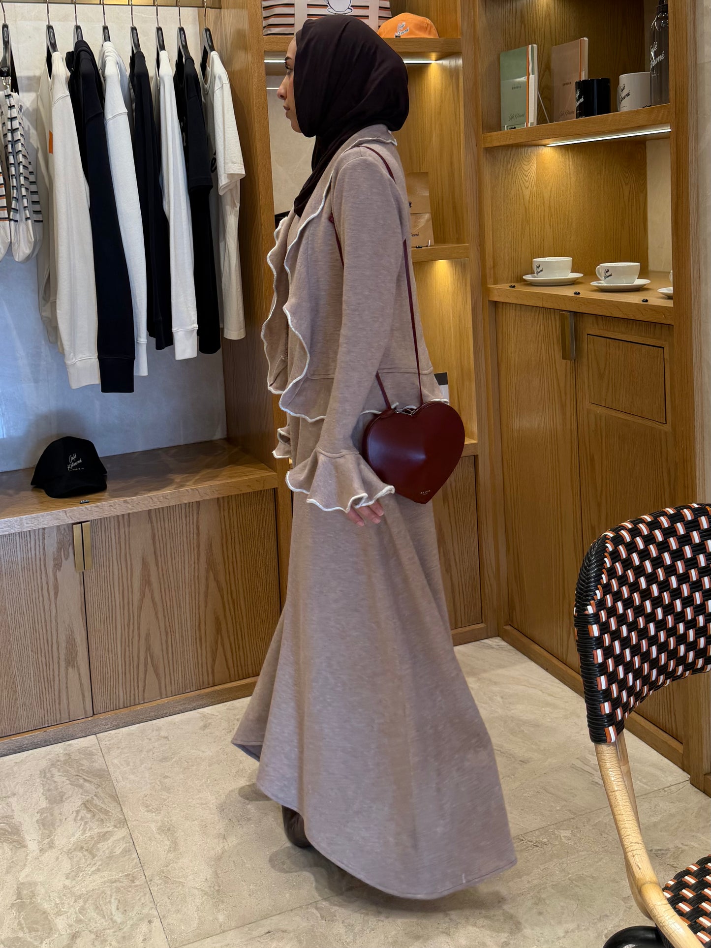 ruffled knit maxi dress and cardigan