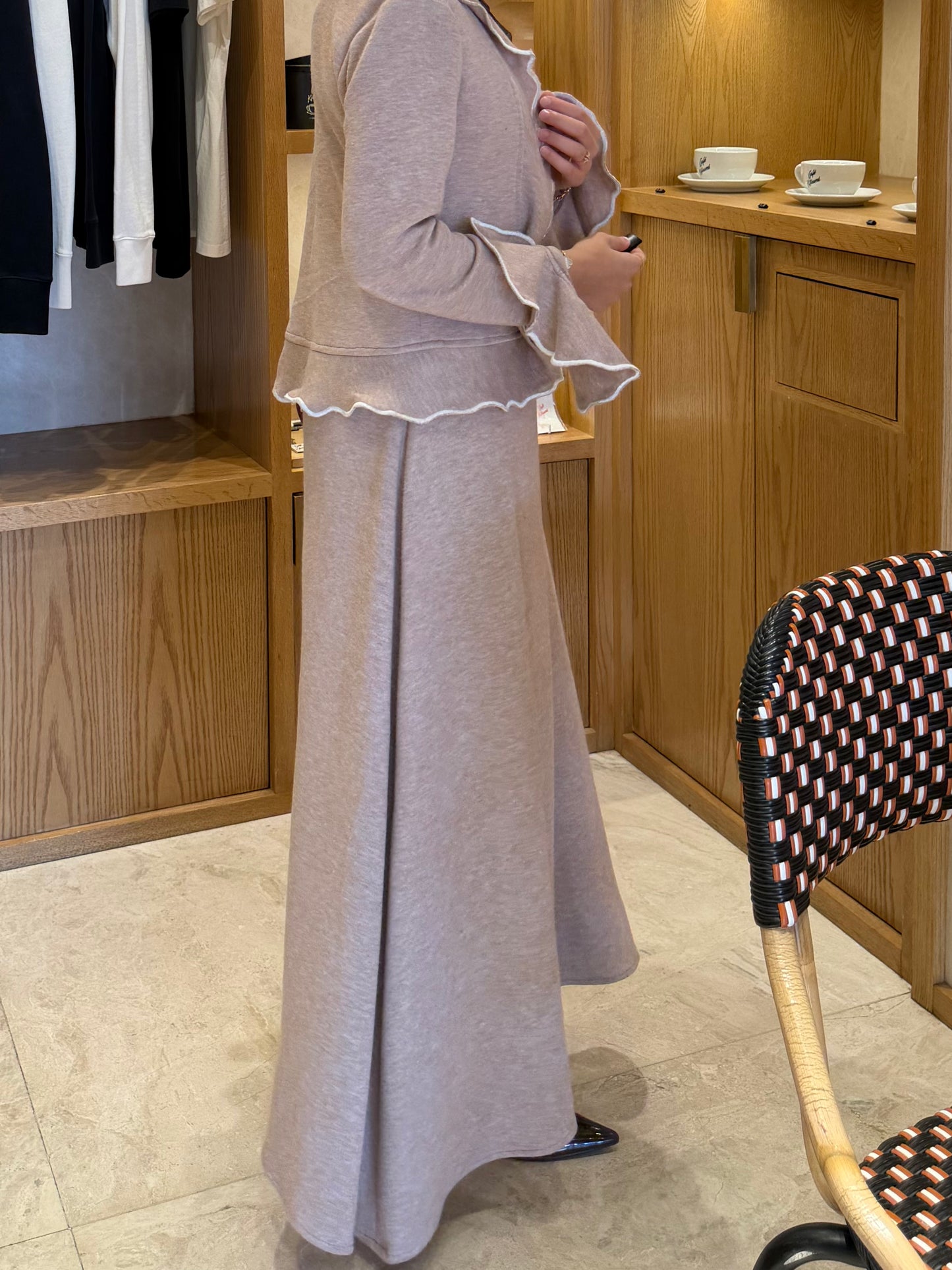 ruffled knit maxi dress and cardigan