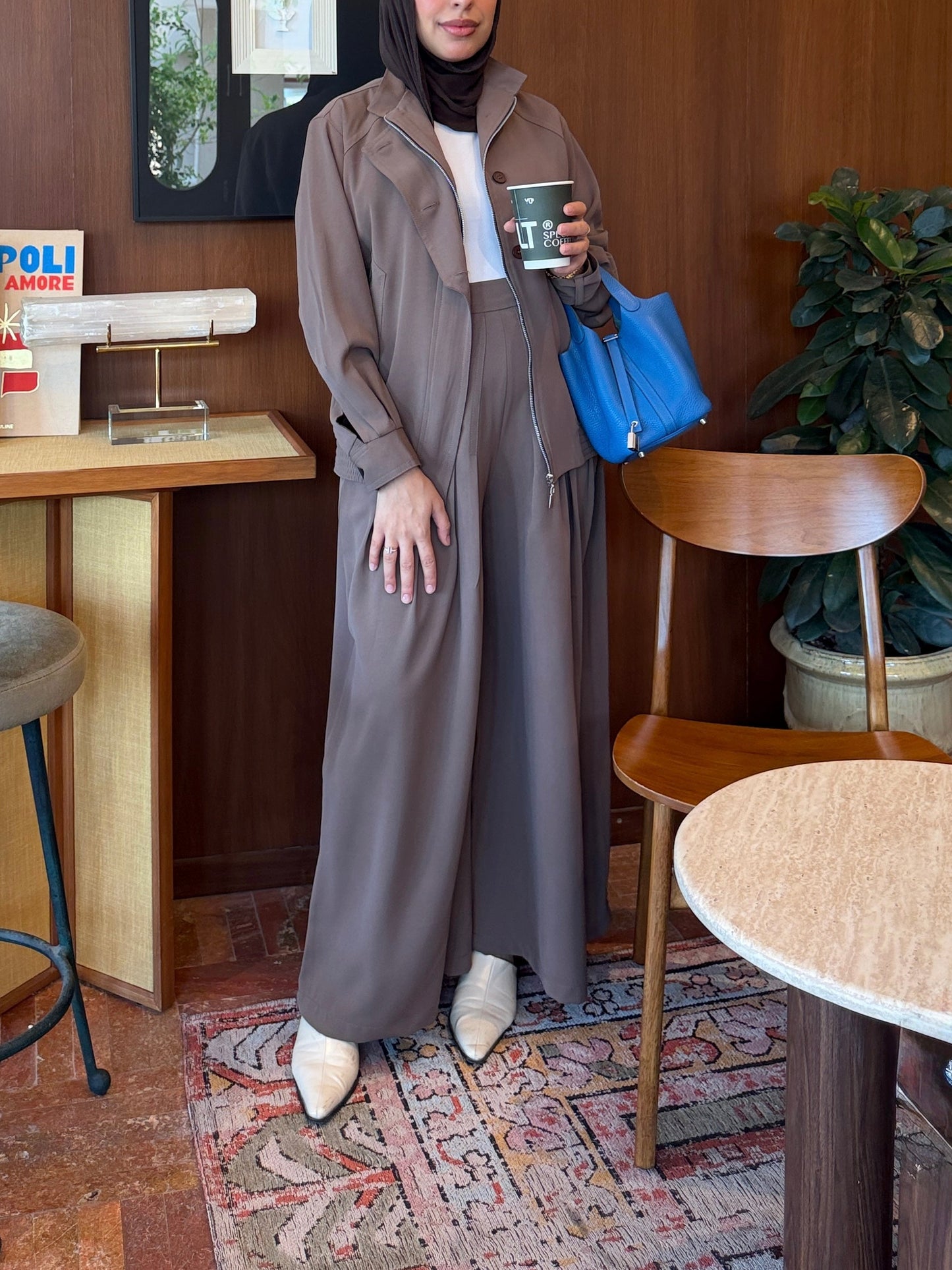pleated wide leg and bomber jacket set
