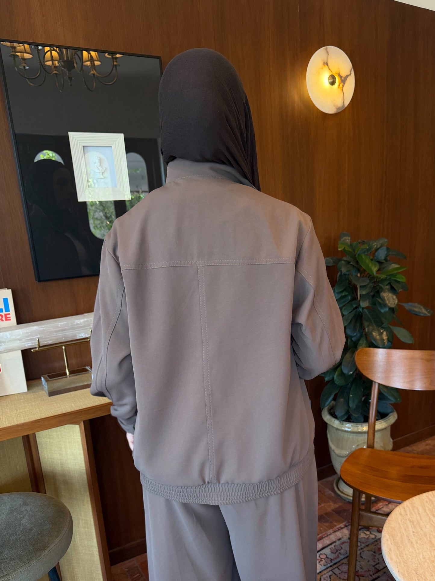 pleated wide leg and bomber jacket set