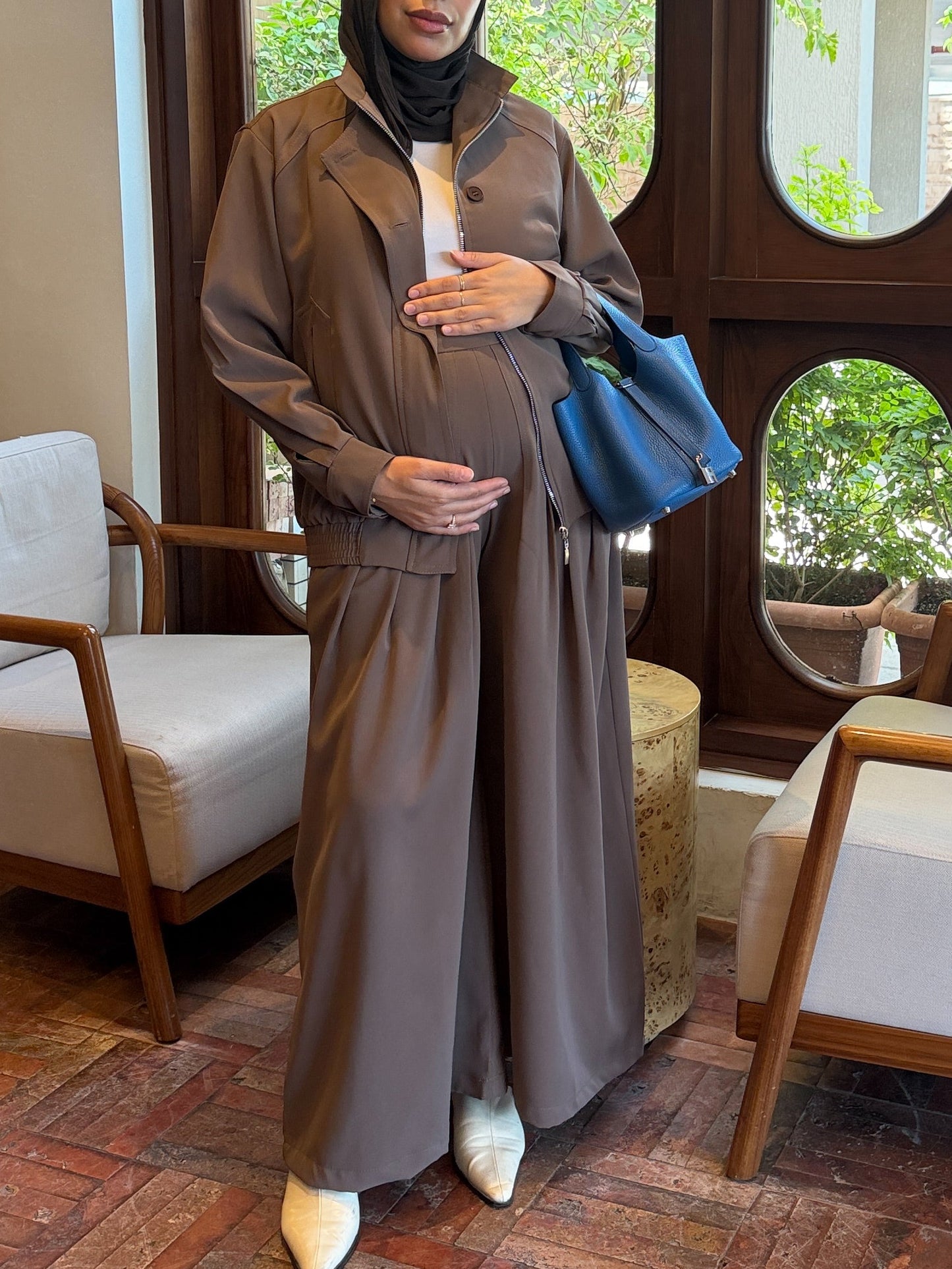 pleated wide leg and bomber jacket set