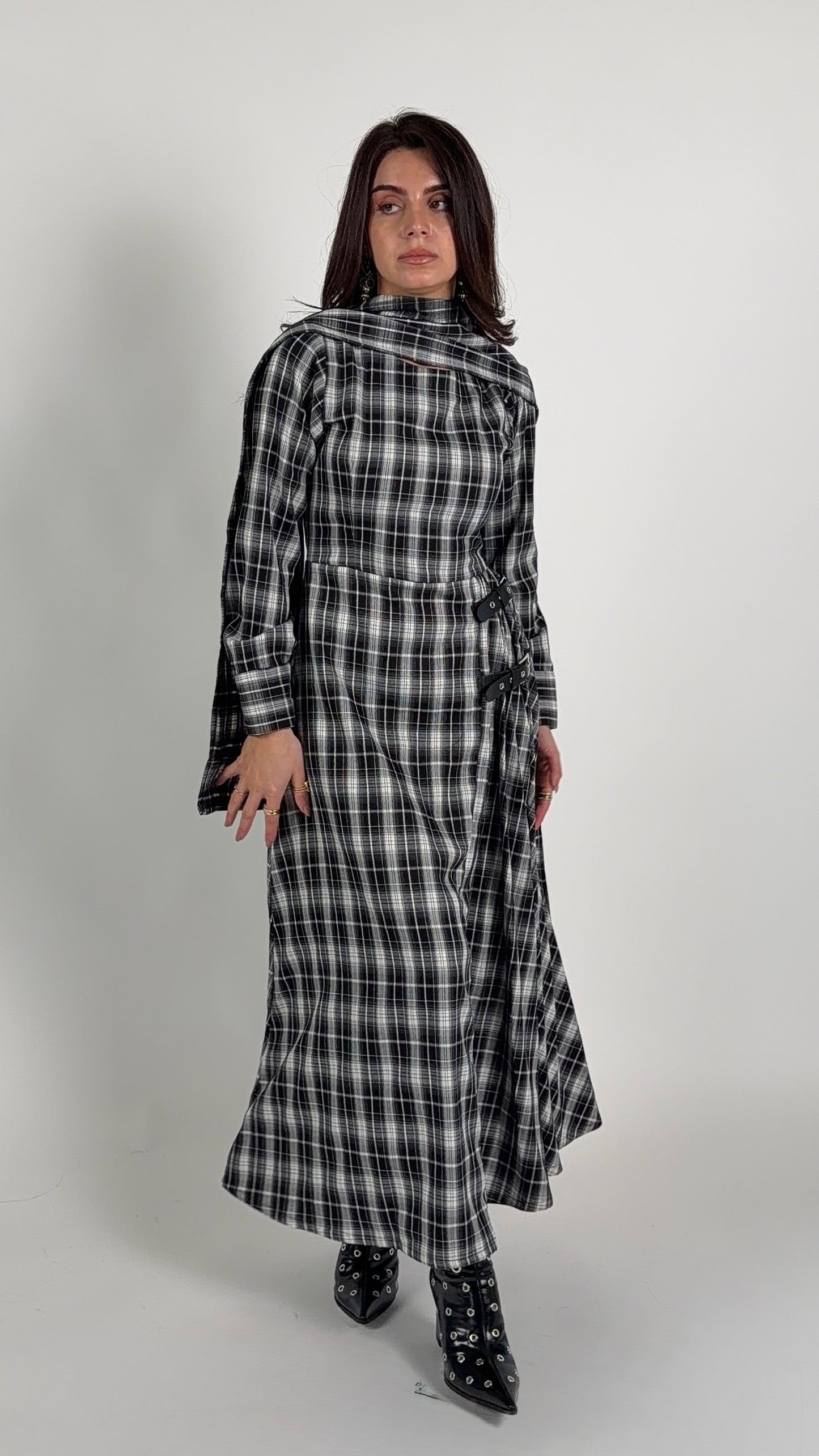 double belt pleated plaid dress