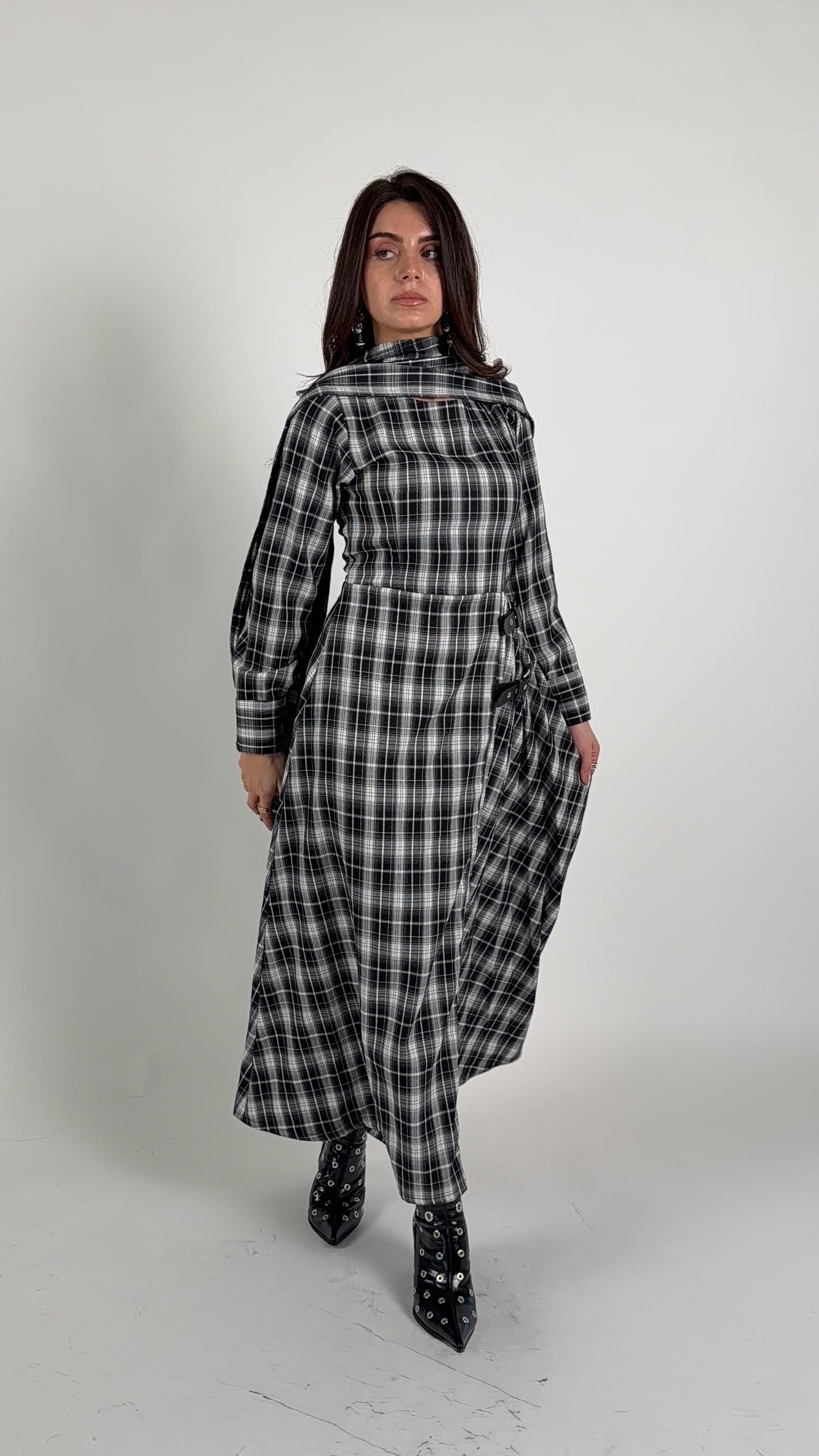 double belt pleated plaid dress