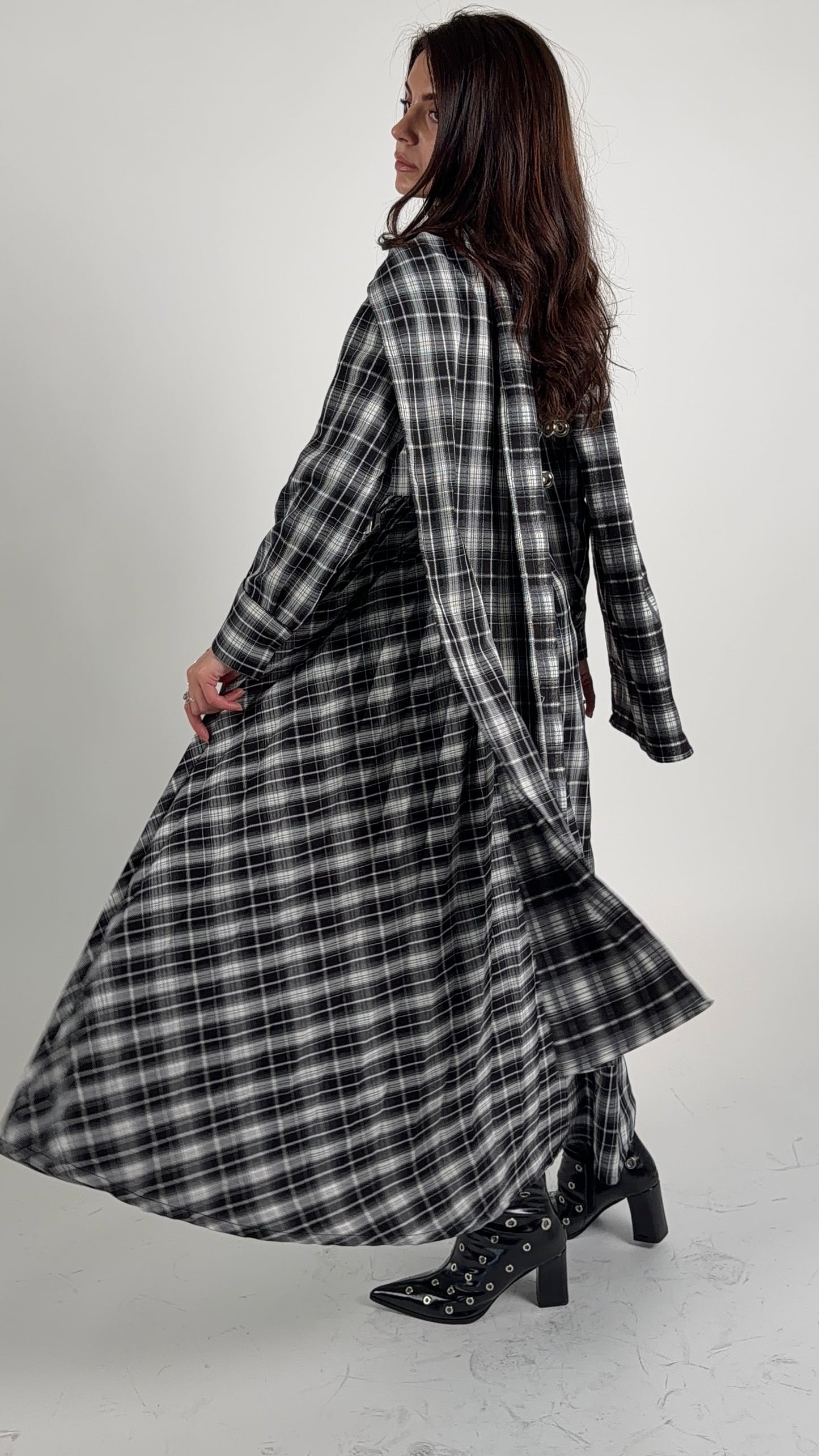 double belt pleated plaid dress