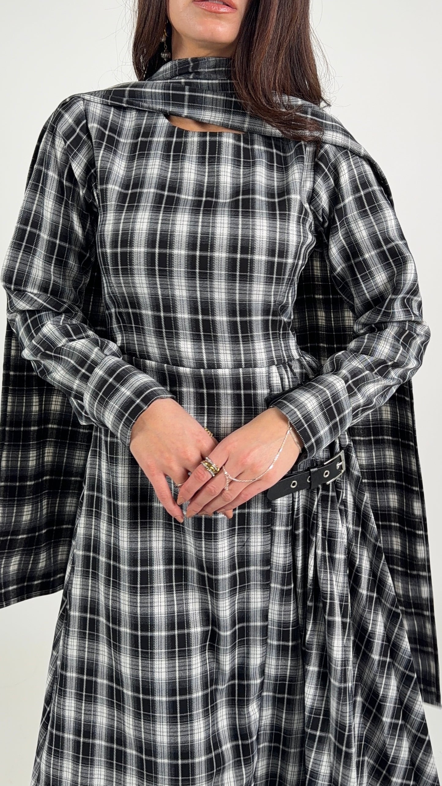 double belt pleated plaid dress