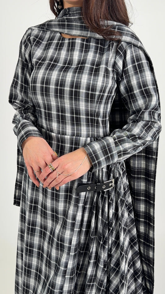 double belt pleated plaid dress