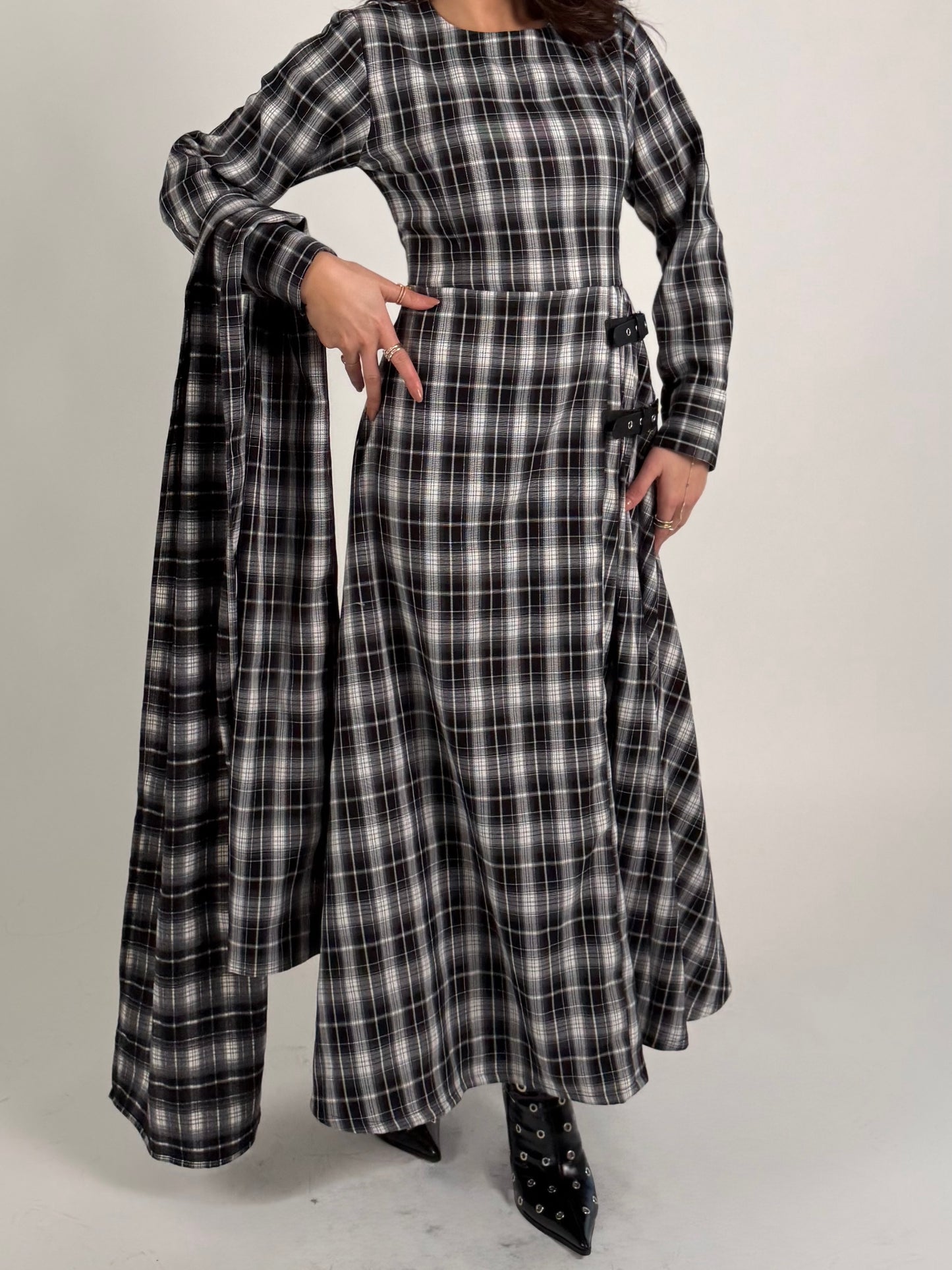 double belt pleated plaid dress