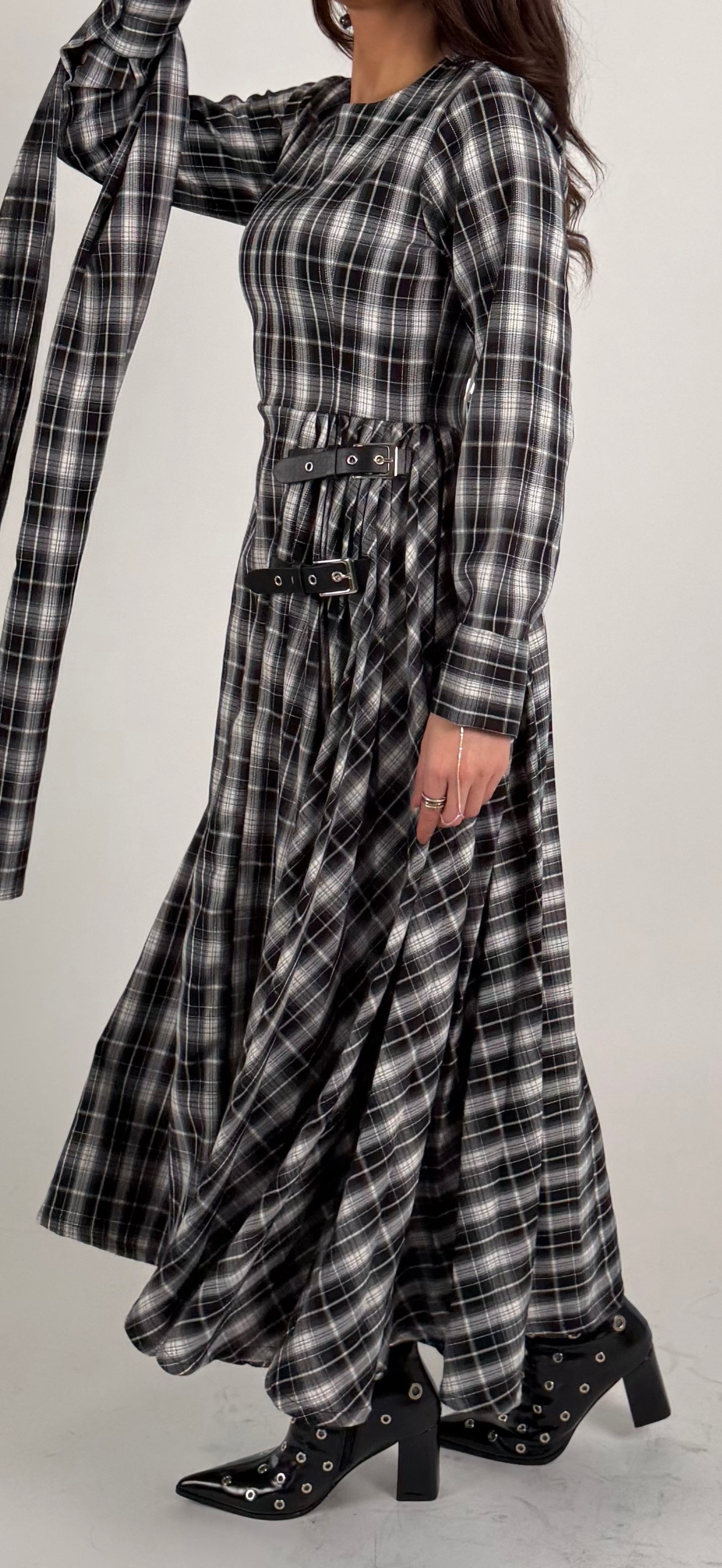 double belt pleated plaid dress