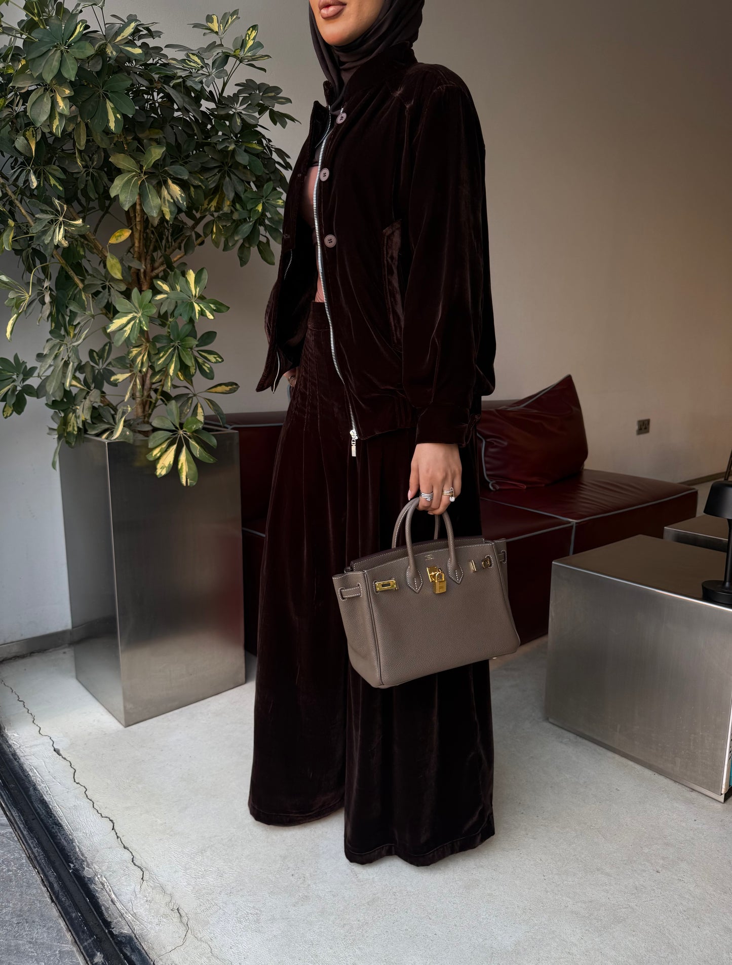 Velvet bomber and pleated wide pants set