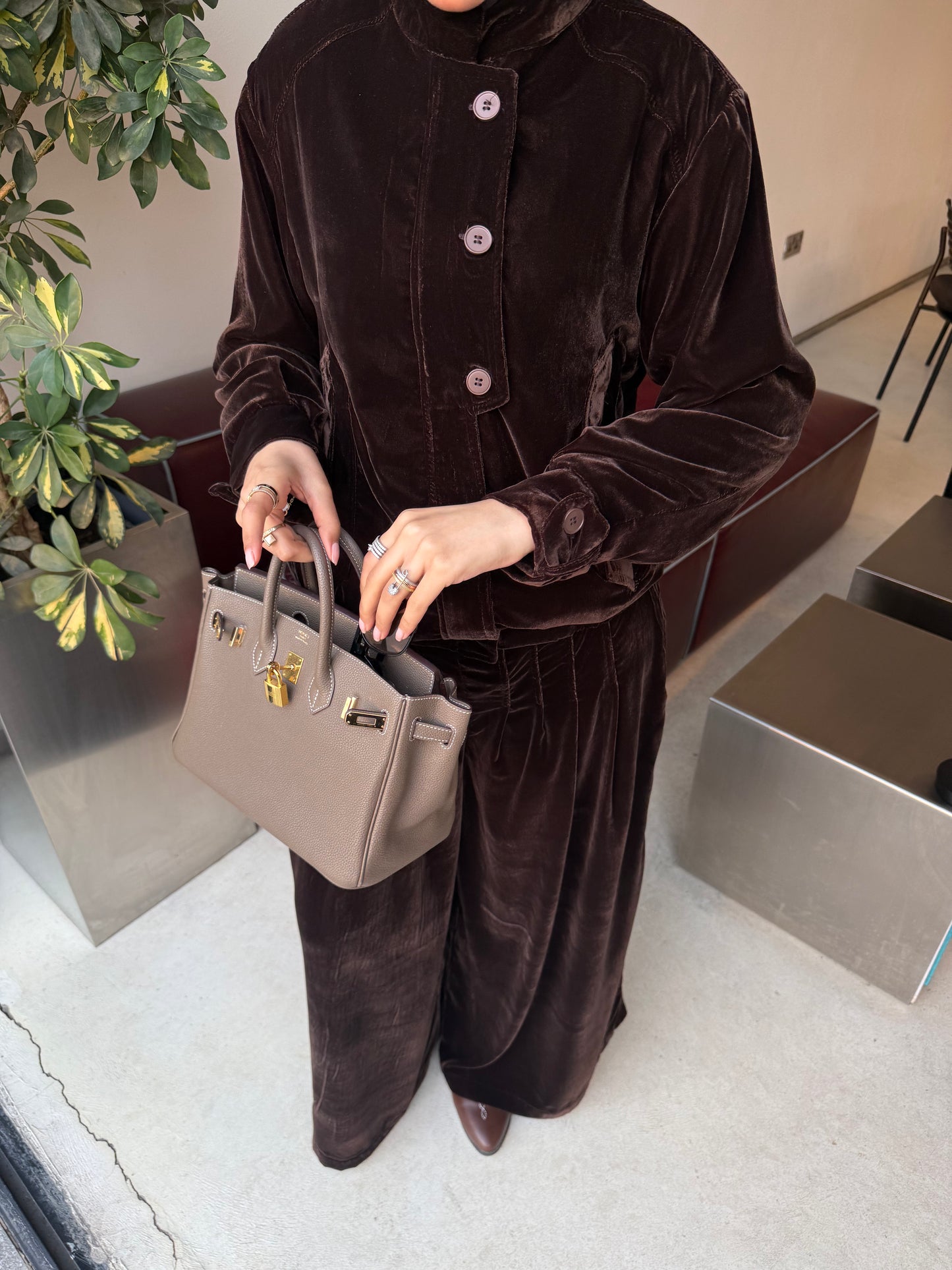 Velvet bomber and pleated wide pants set