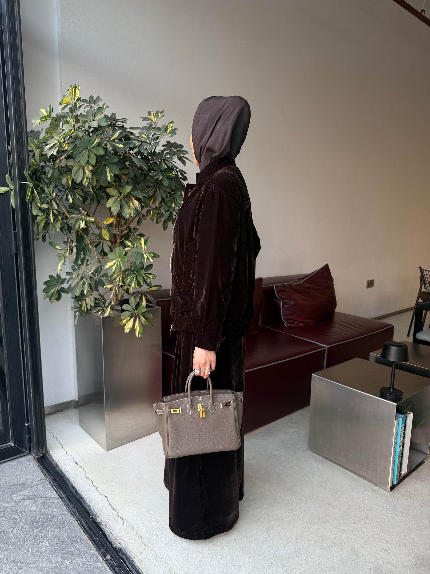 Velvet bomber and pleated wide pants set