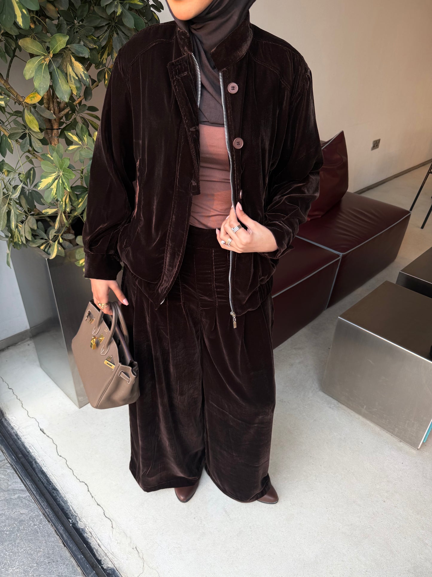 Velvet bomber and pleated wide pants set