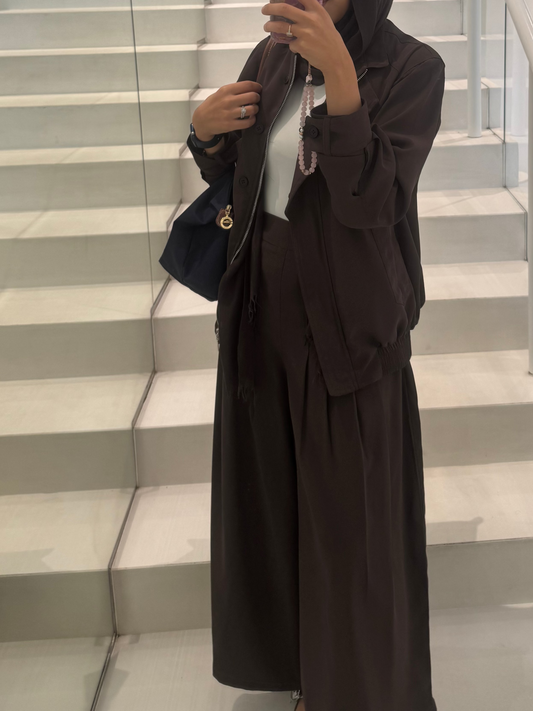 pleated wide leg and bomber jacket set