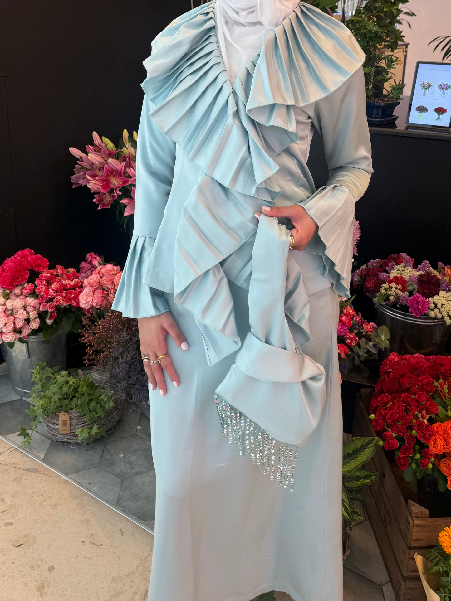 Tiffany pleated top, skirt and bag set