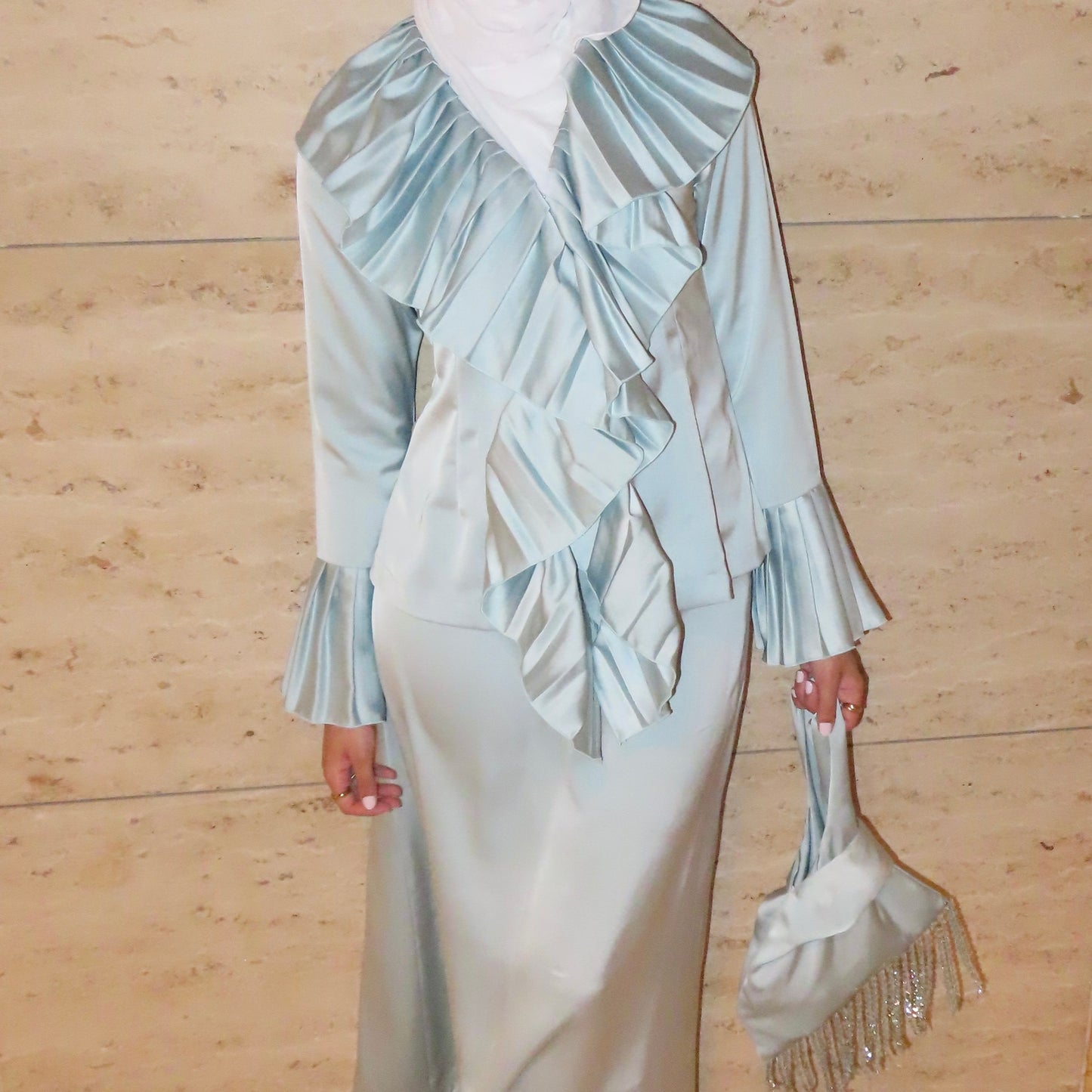 Tiffany pleated top, skirt and bag set