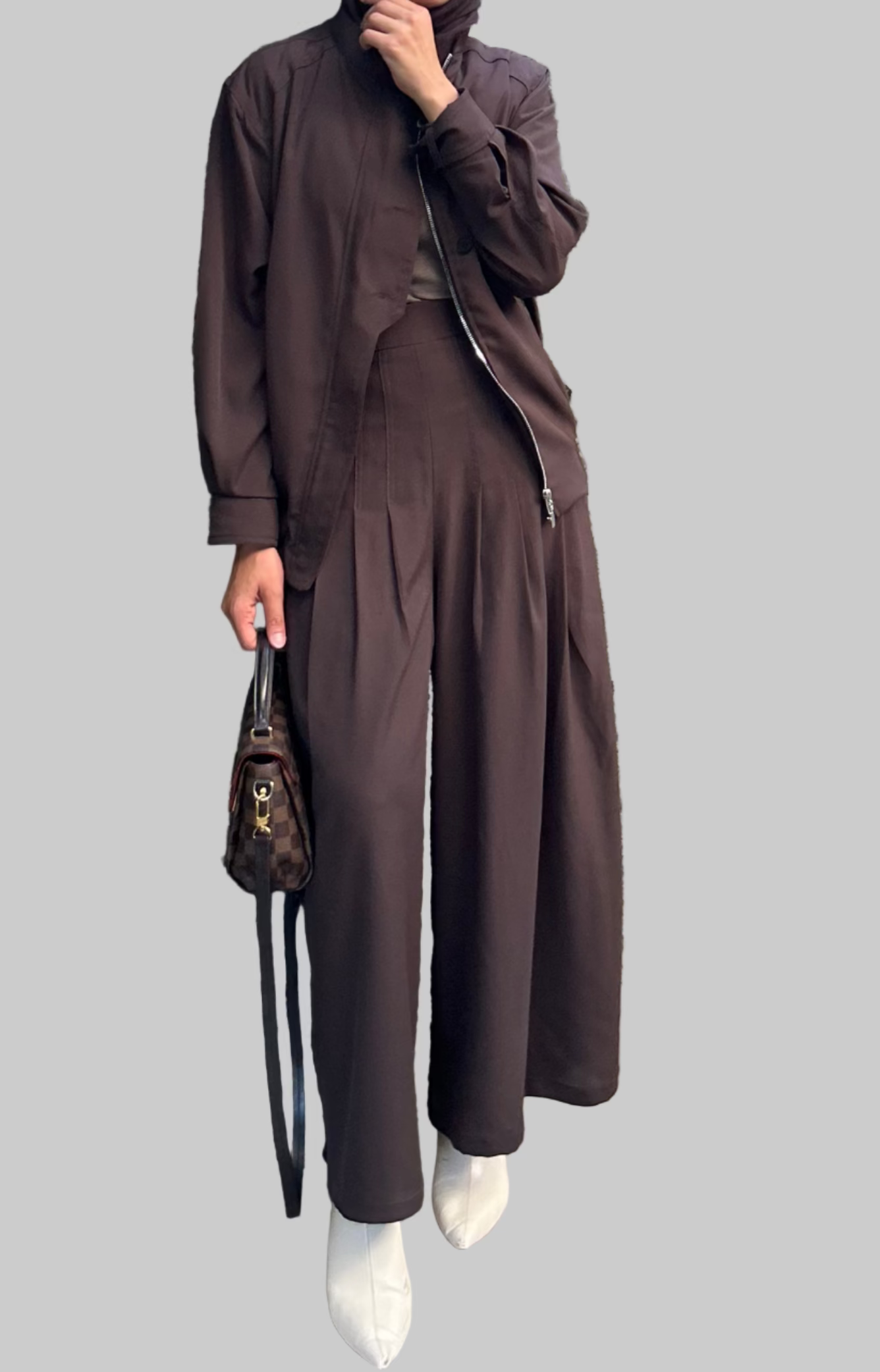 pleated wide leg and bomber jacket set