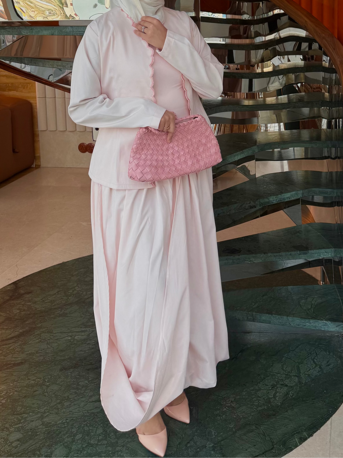 Bubble dress with scalloped jacket