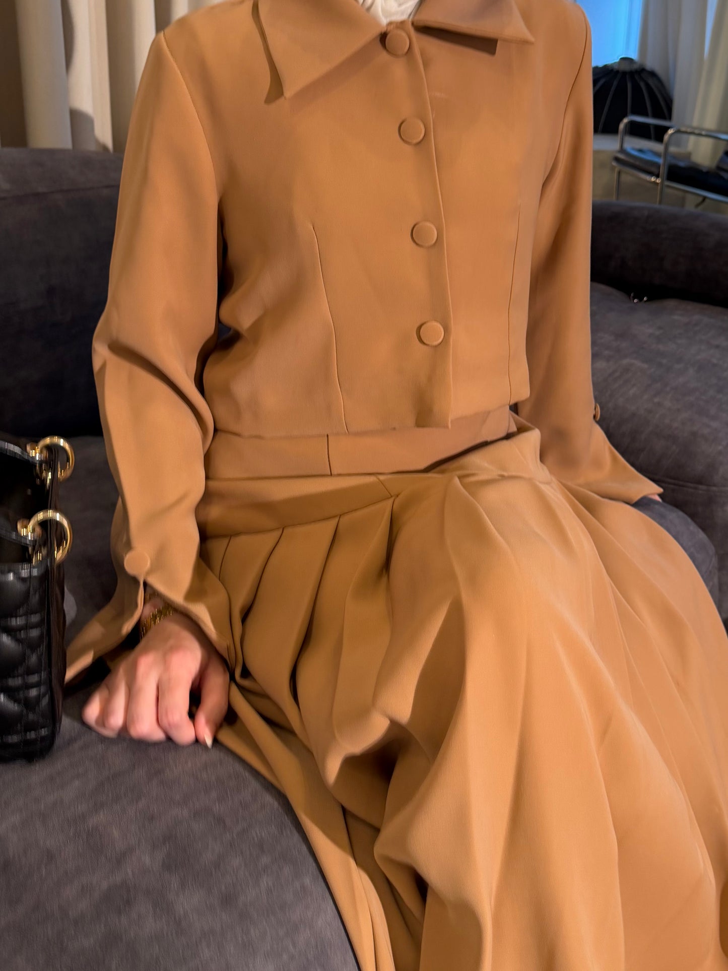Pleated dress with cropped blazer