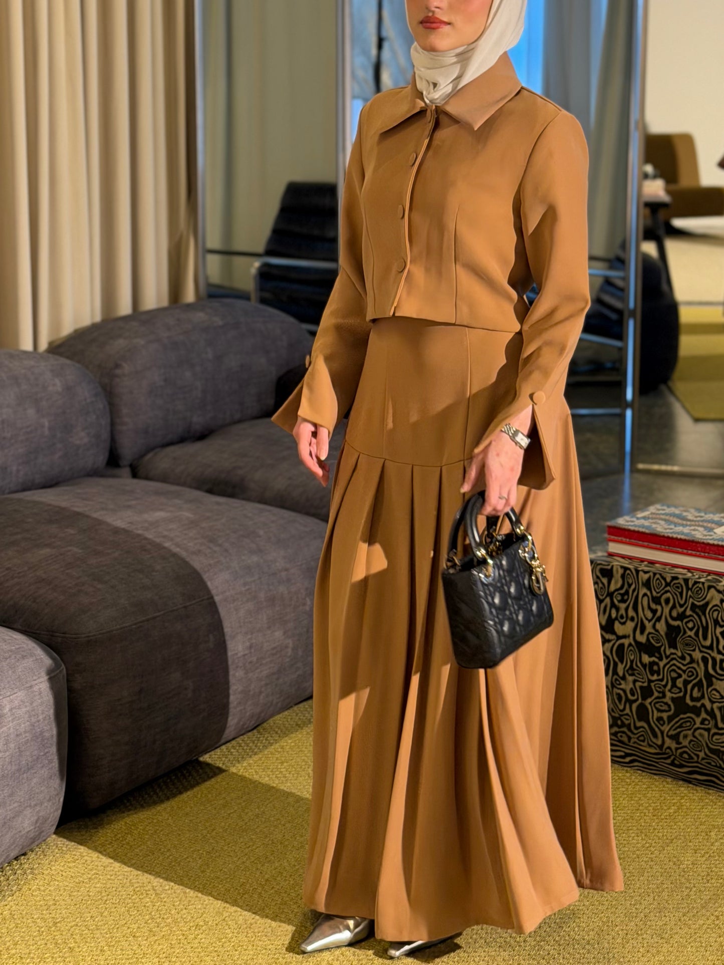 Pleated dress with cropped blazer