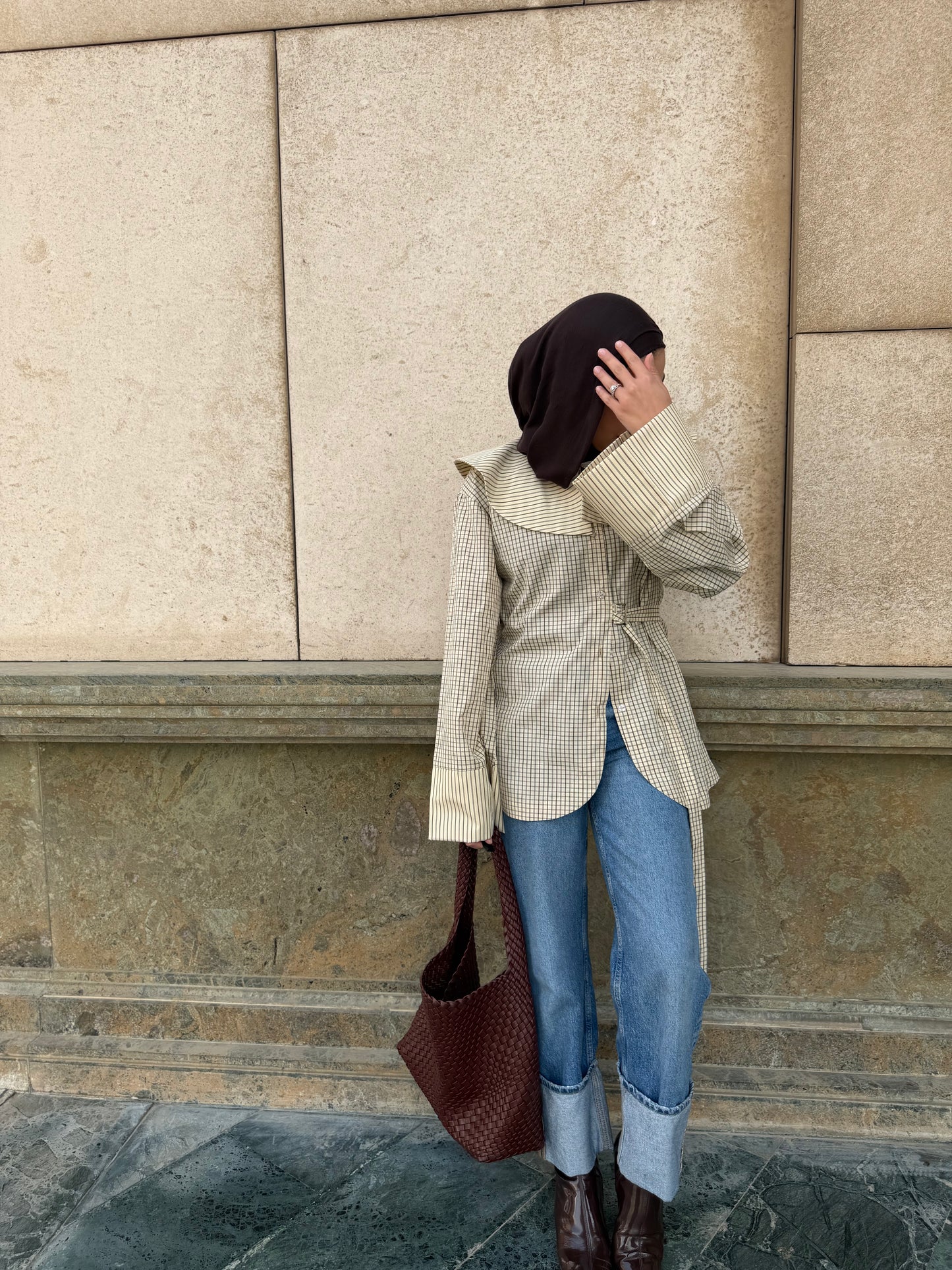 Checkered oversized collar blouse