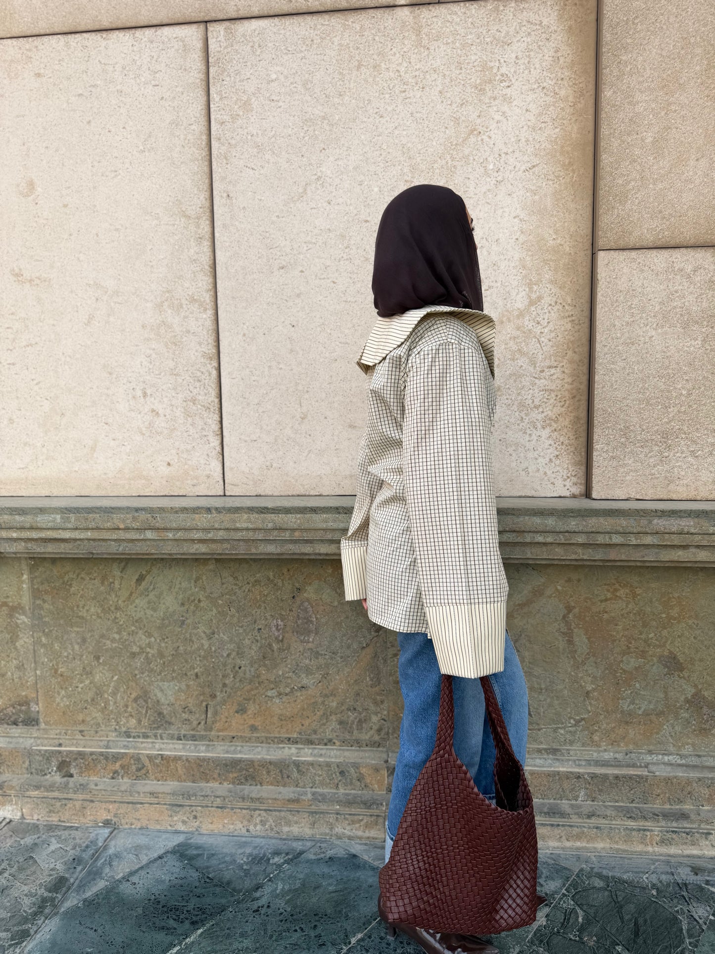 Checkered oversized collar blouse