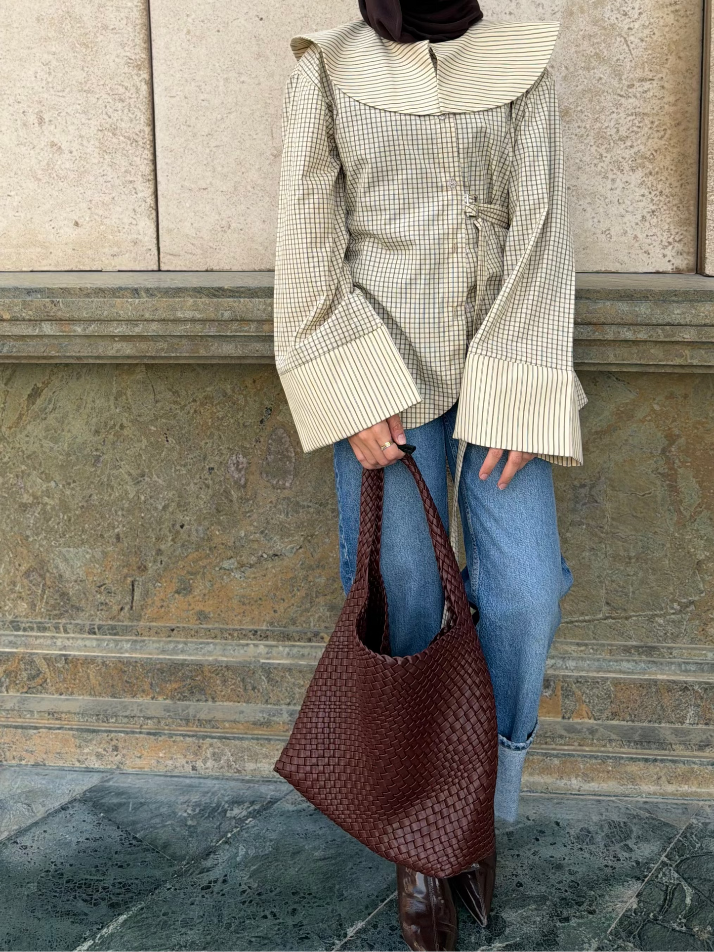 Checkered oversized collar blouse