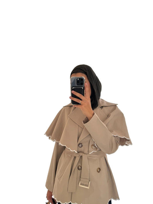 scalloped edge cape trench coat