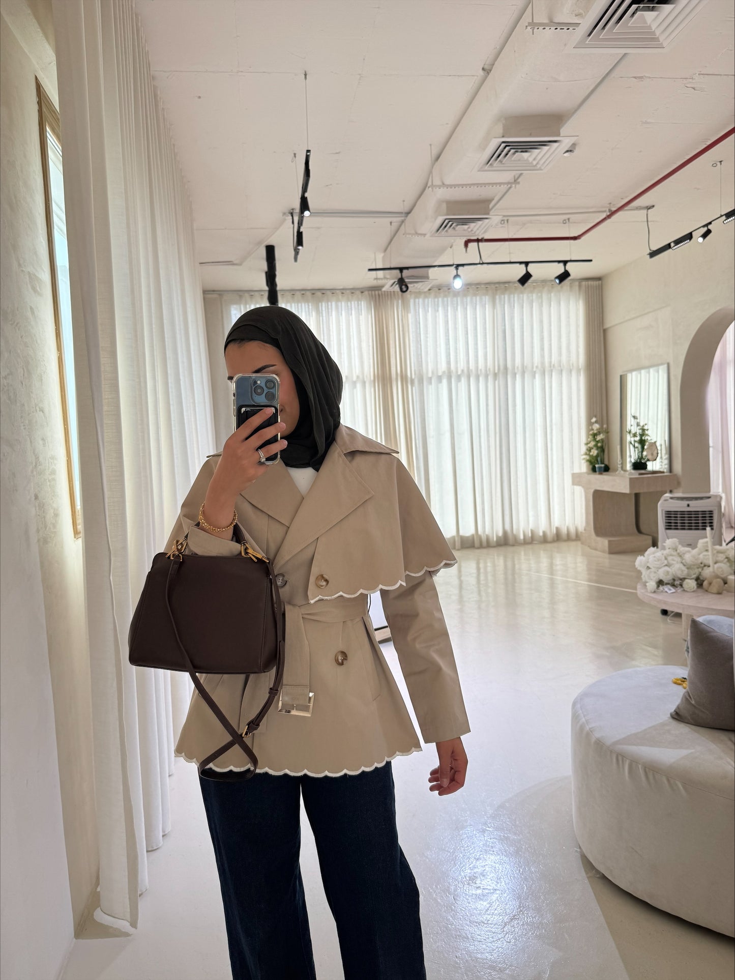 scalloped edge cape trench coat